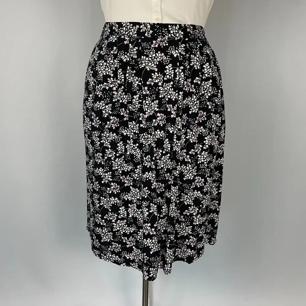 Knee Length Skirt Size Large Petite PL Black White Ditsy Floral A Line Y2K 90s